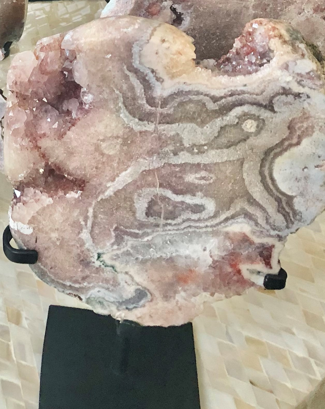 Pink Amethyst Slab with druze on stand