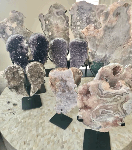 Pink Amethyst Slab with druze on stand